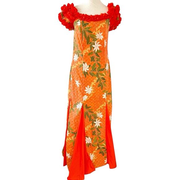 T&L Muumuu Factory Orange Puff Sleeve Vintage Hawaiian Aloha Dress Floral Ruffle - Picture 3 of 13